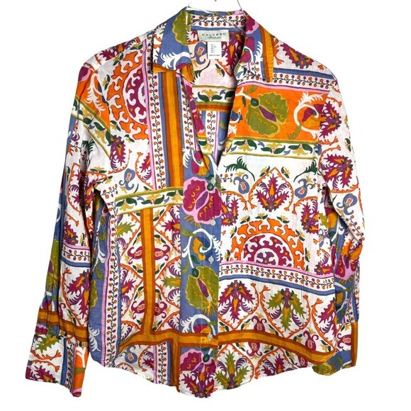 Calypso St. Barth Multicolor Boho Print Cotton Button Front Blouse Women’s small - Picture 7 of 7